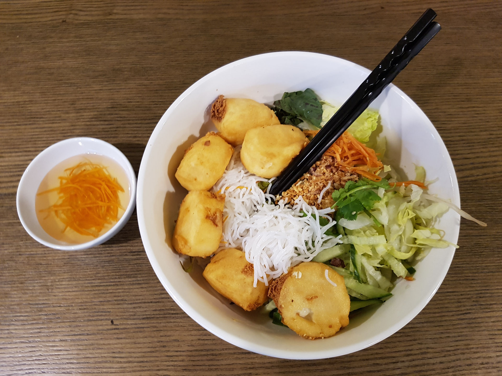 Rice Noodles with Fried Tofu and Vegetarian Spring Rolls