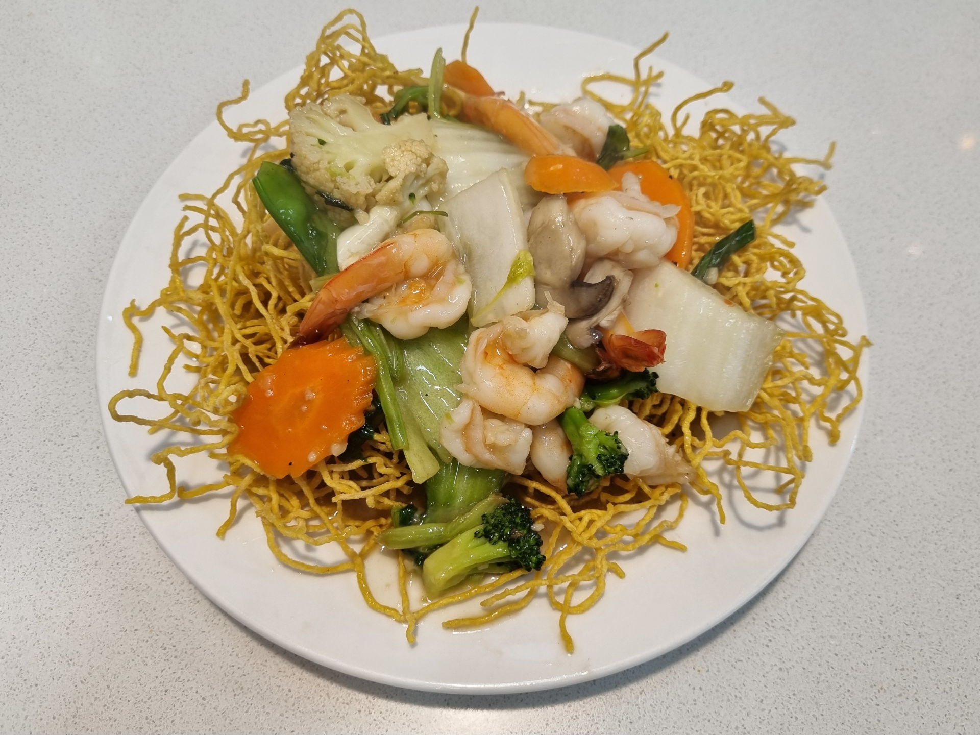 Prawns with Crispy Egg Noodles